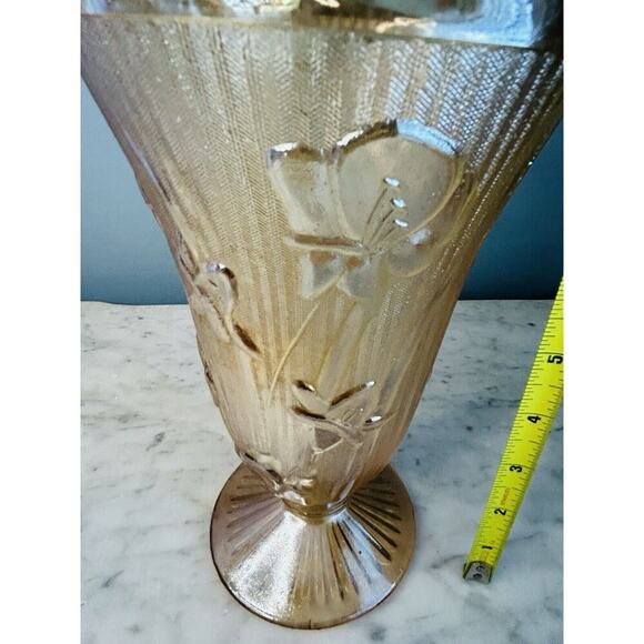 Vintage Jeanette Marigold Carnival Iridescent Glass Vase Iris Herringbone Peach - Picture 11 of 13